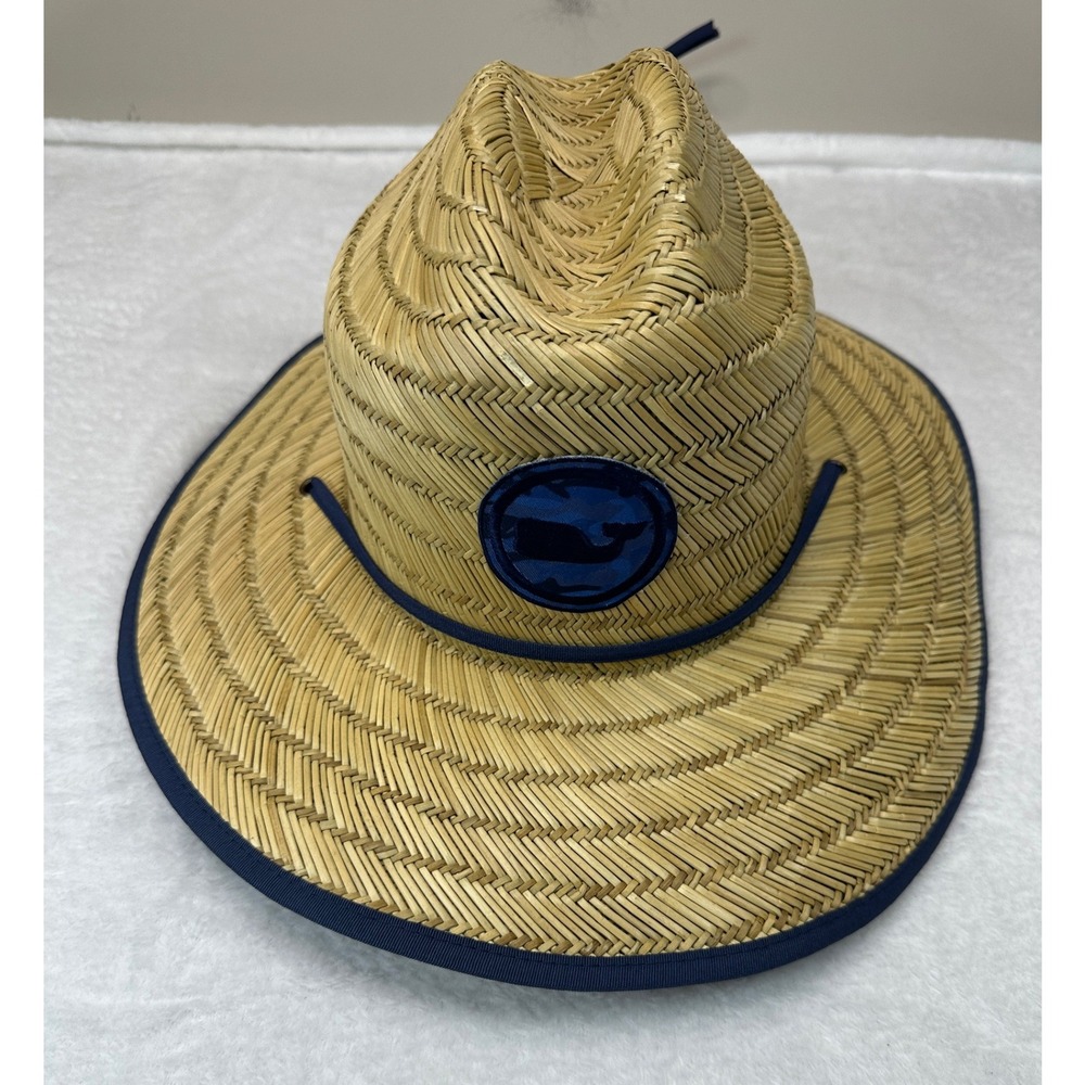 Vineyard Vines Straw Sun Hat Natural Blue Logo Patch Chin Strap